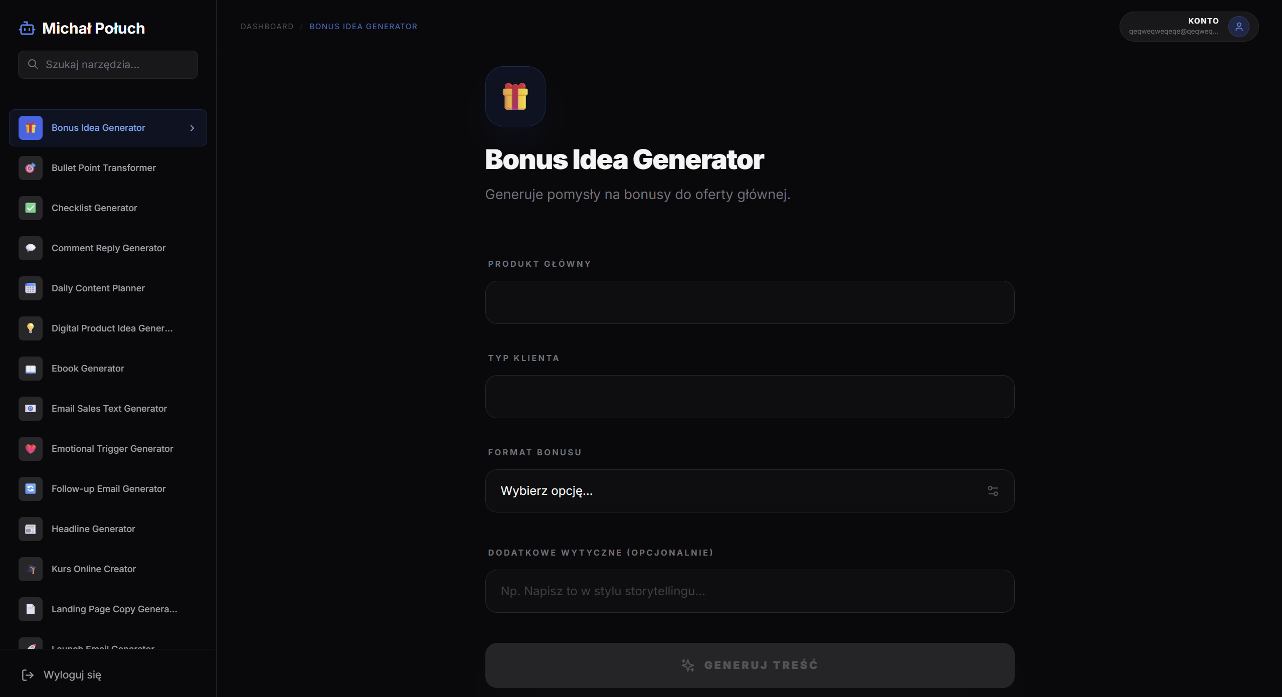 Generator Bonus Idea - startowy widok